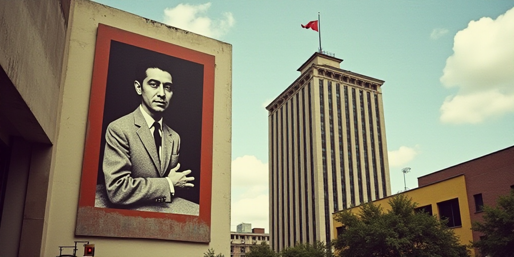 a large sign hanging from the side of a building next to a tall building with a flag on it, David Al