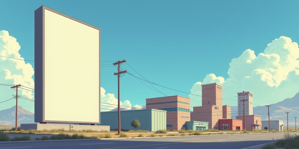 a large sign is in front of a building with a sky background and clouds in the background, with a fe