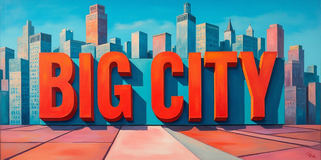 a large sign that says big city in front of a cityscape with a sky background and a blue sky, Federi