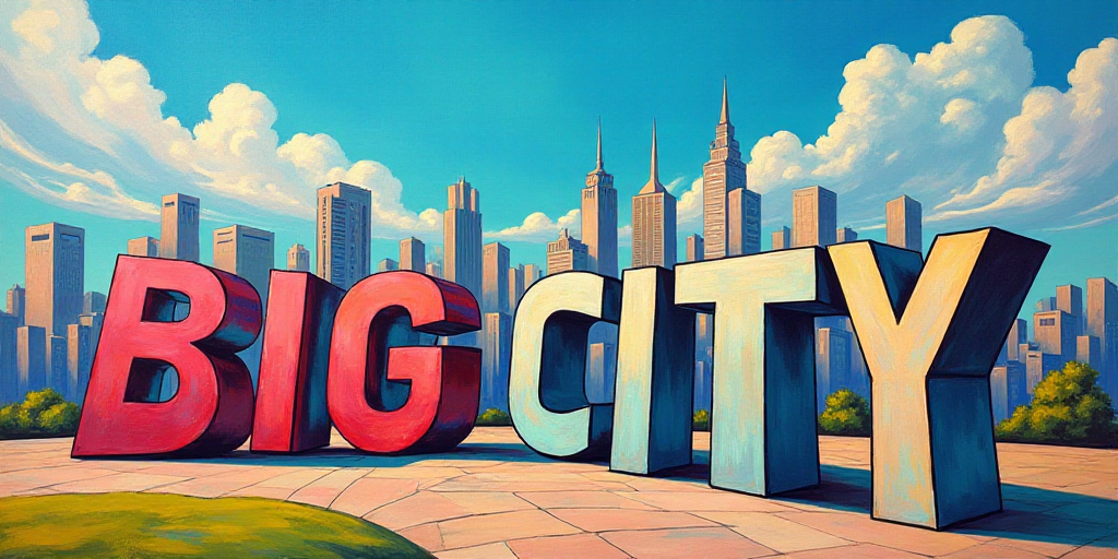 a large sign that says big city in front of a cityscape with a sky background and a blue sky, Federi