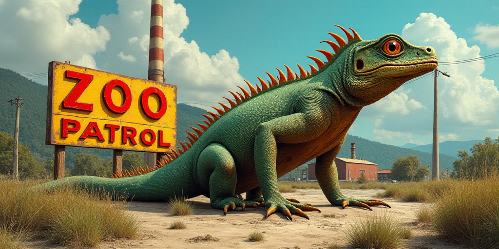 a large sign that says zoo patrol in front of a factory with a large lizard on it's back, Ceferí Ol