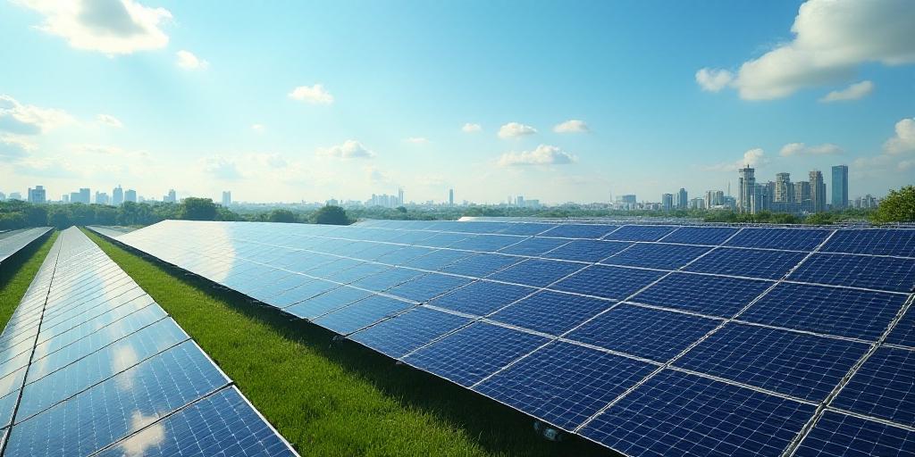 a large solar panel field with a sky background and a few buildings in the distance with a few cloud