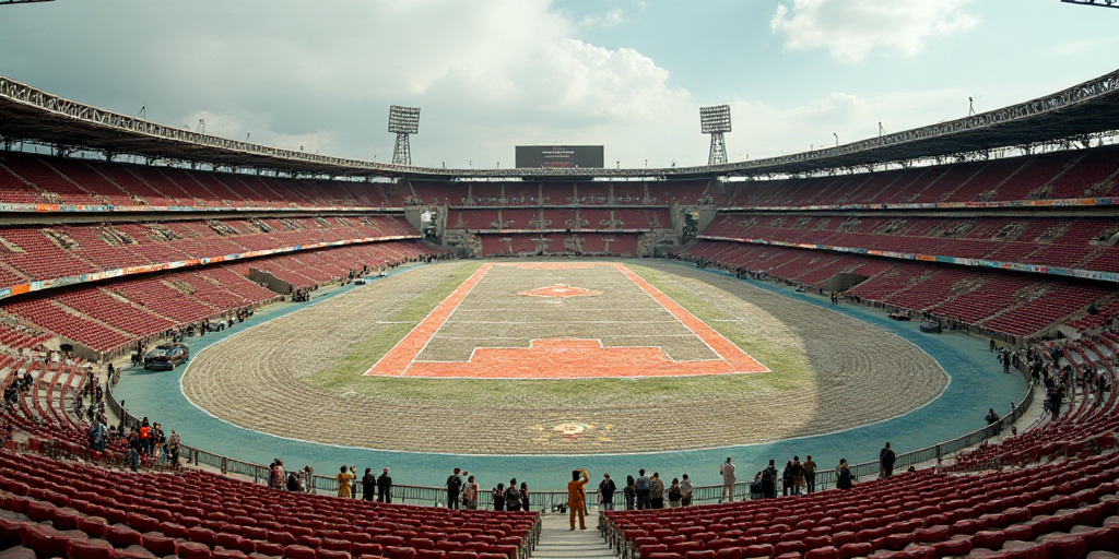 a large stadium with a lot of metal structures around it and a lot of people standing around it on t
