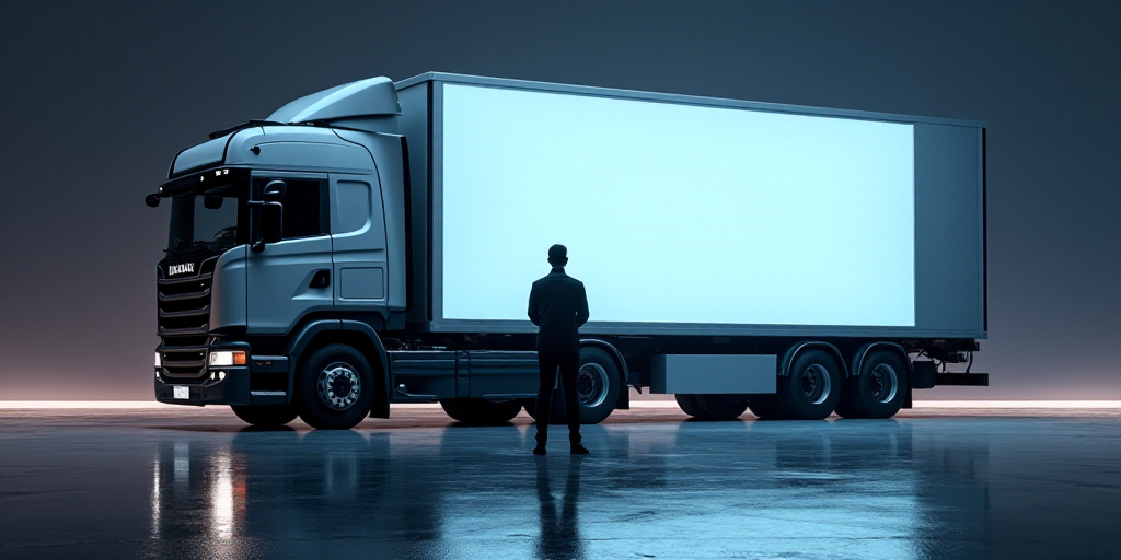 a large truck parked in front of a tv screen and a man standing in front of a tv screen, Cao Buxing,