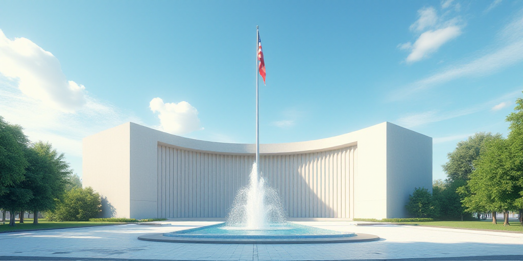 a large white building with a fountain in front of it and a flag pole on top of it and a blue sky, B