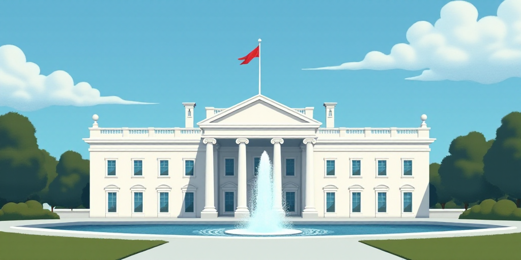 a large white building with a fountain in front of it and a flag pole on top of it and a blue sky, B