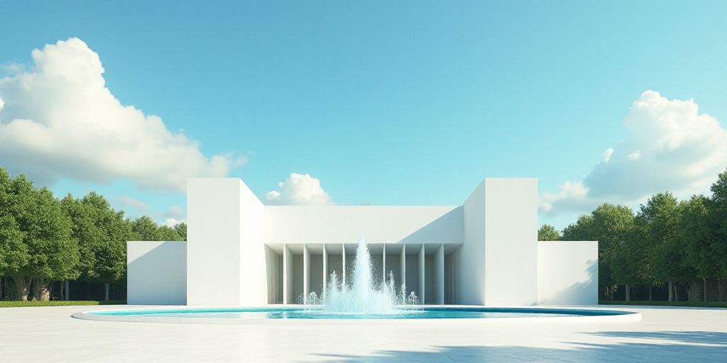 a large white building with a fountain in front of it and a blue sky in the background with a few cl