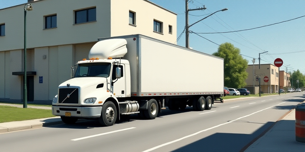 a large white truck parked on the side of a road next to a building and a street sign on the side of