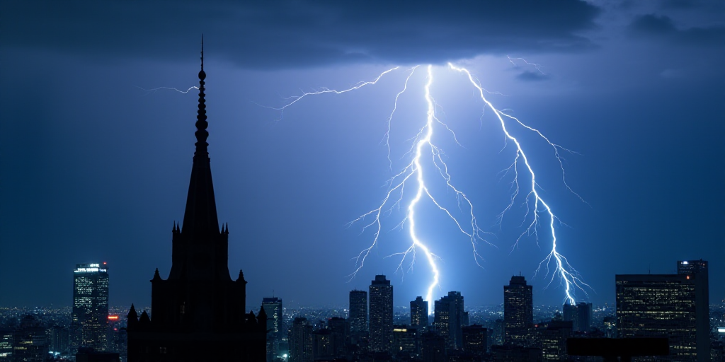 a lightning bolt strikes over a city at night time with a skyscraper in the background and a buildin