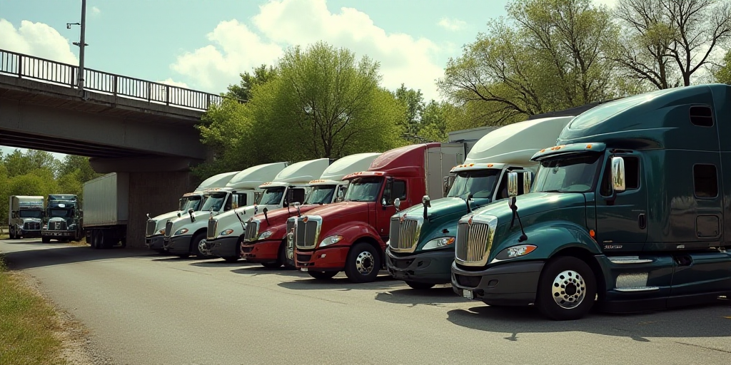 a line of trucks parked in a lot next to a bridge and trees in the background with a sign above them