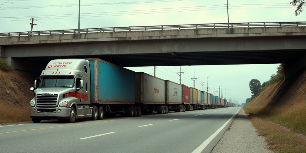 a line of trucks parked on the side of a road under a bridge with a sign above them that says,, Agus