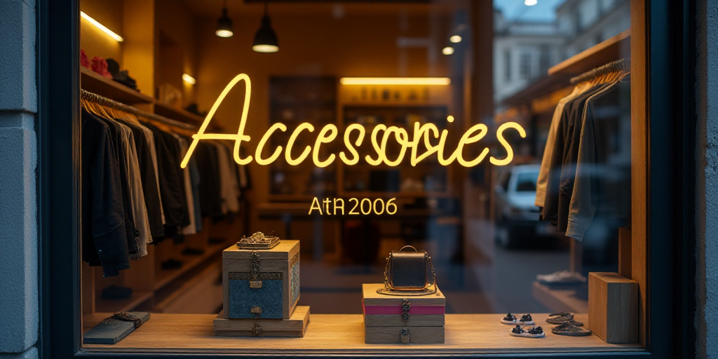 a logo for a company that sells accessories and accessories for sale in the store's storefront windo