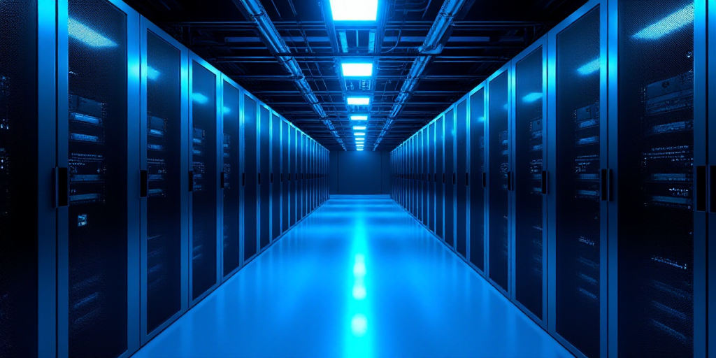 a long hallway with rows of servers in a data center with blue lights on the ceiling and flooring, A