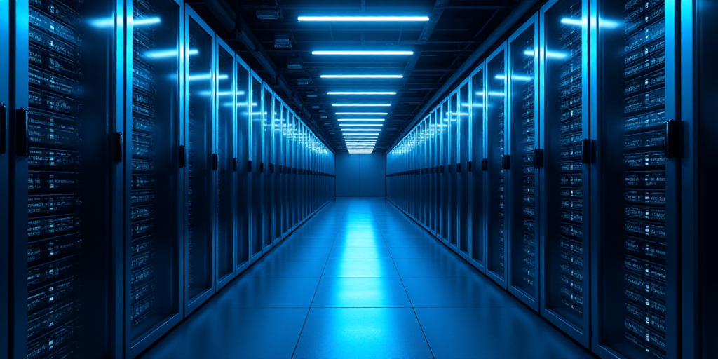 a long hallway with rows of servers in a data center with blue lights on the ceiling and flooring, A