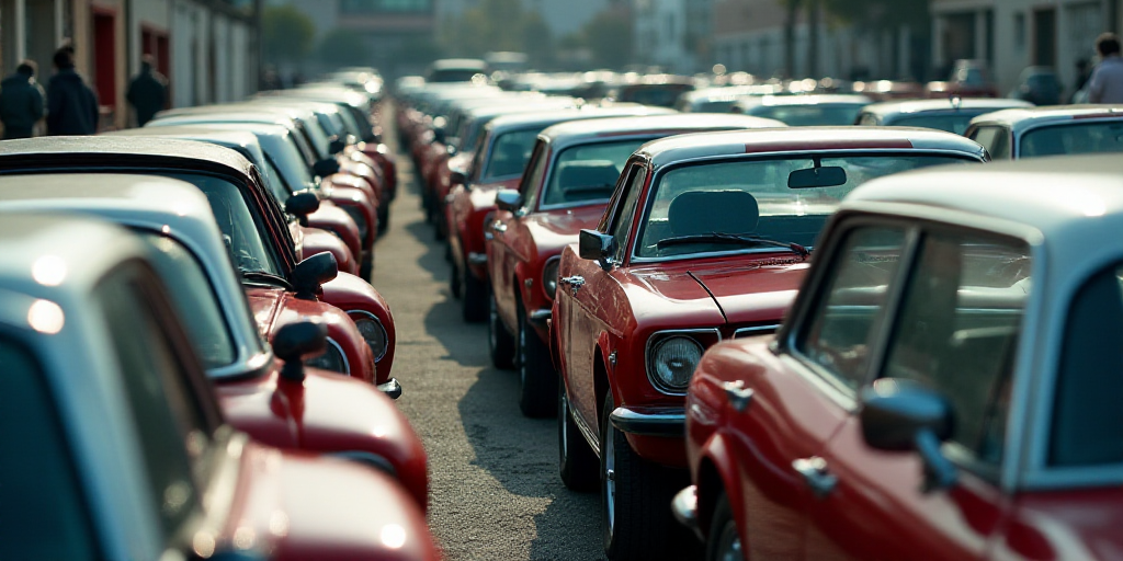 a lot of cars parked in a lot next to each other in rows and lined up in rows with the doors open, A