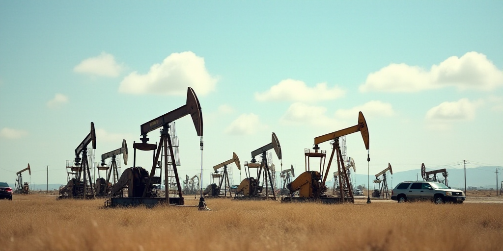 a lot of oil pumps in a field with a sky background and a few cars parked in the lot, Elbridge Ayer