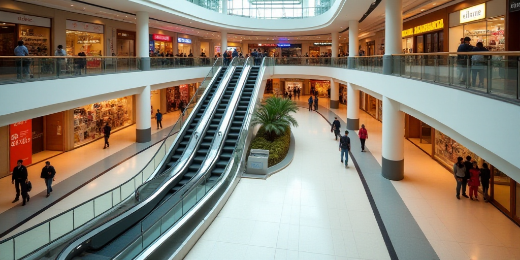 a mall with a few people walking around it and a few signs on the walls above the shops and the esca