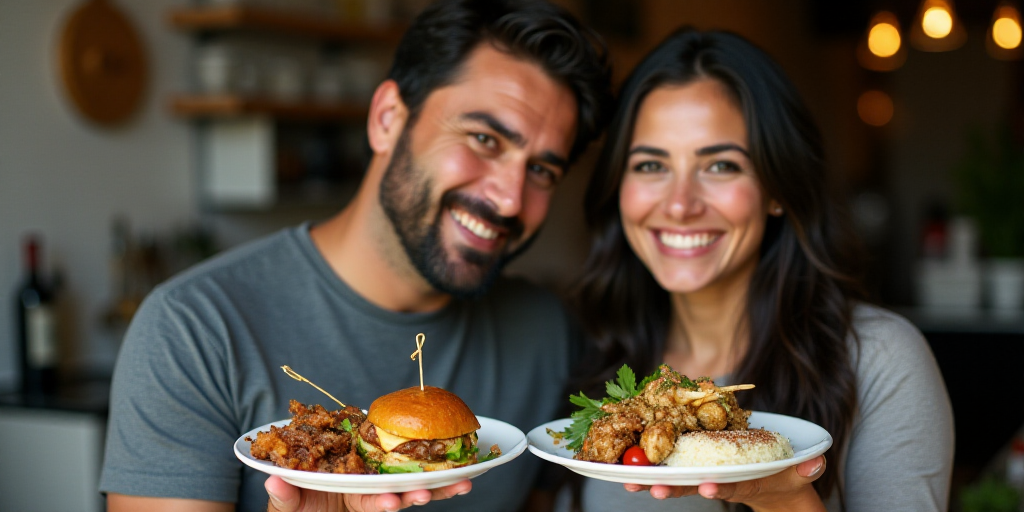 a man and a woman holding plates of food in their hands and smiling at the camera while standing nex