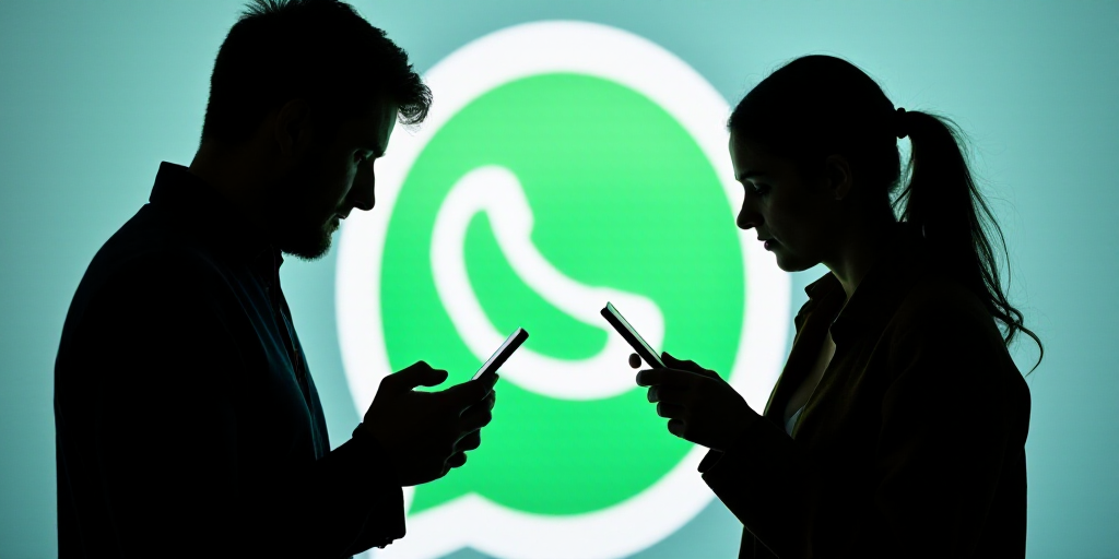 a man and a woman looking at their cell phones in front of a whatsapp logo in silhouette, Florence E