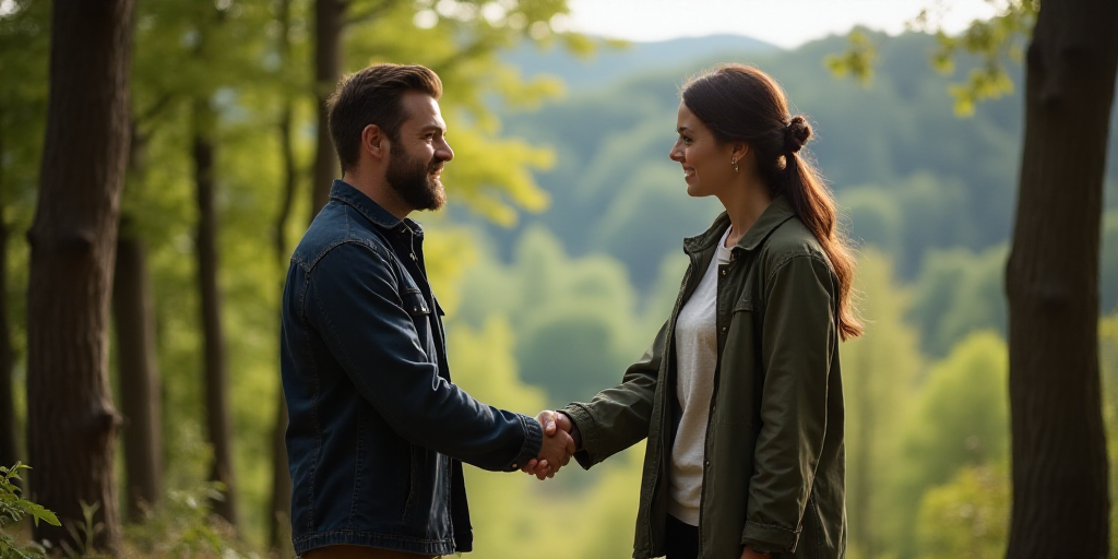 a man and a woman shaking hands in front of trees and a forest in the background with a forest in th