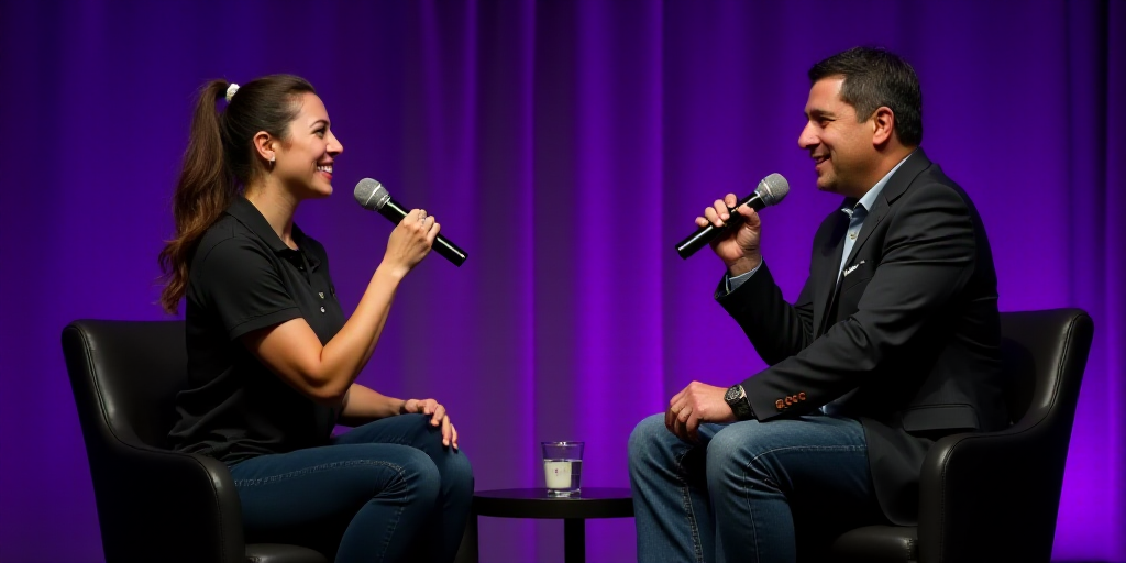 a man and a woman sitting on a stage talking to each other with microphones in their hands and a pur