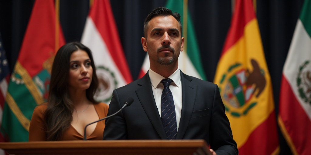a man and a woman standing at a podium with flags behind them and a man in a suit and tie, Estuardo