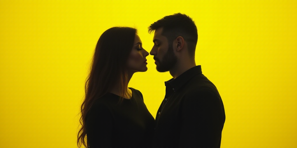 a man and a woman standing next to each other in front of a yellow background with a black and white