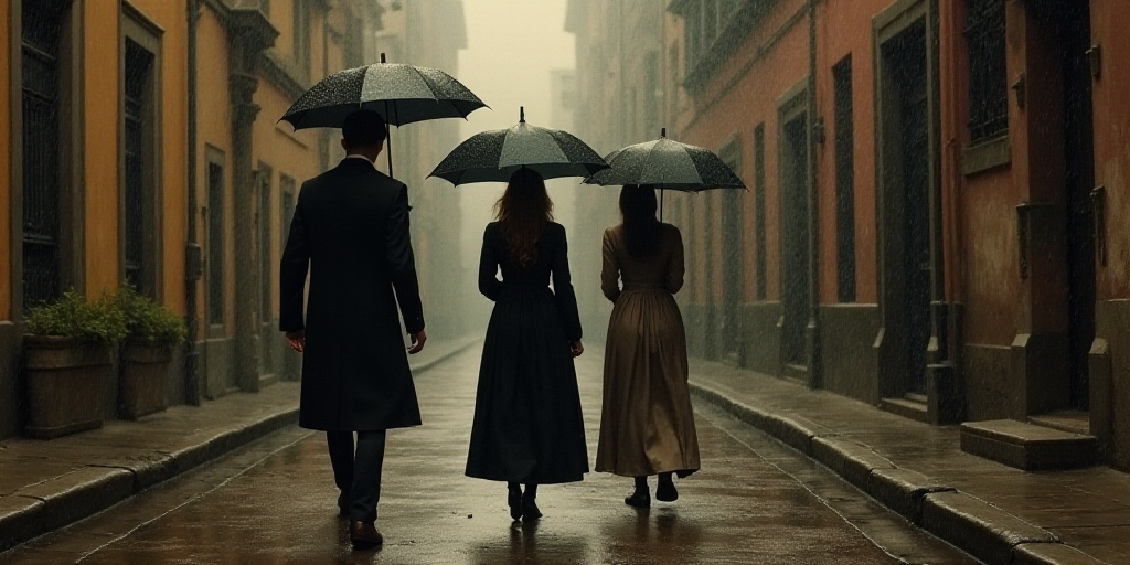 a man and a woman walking down a street holding umbrellas in their hands and a man in a baseball cap