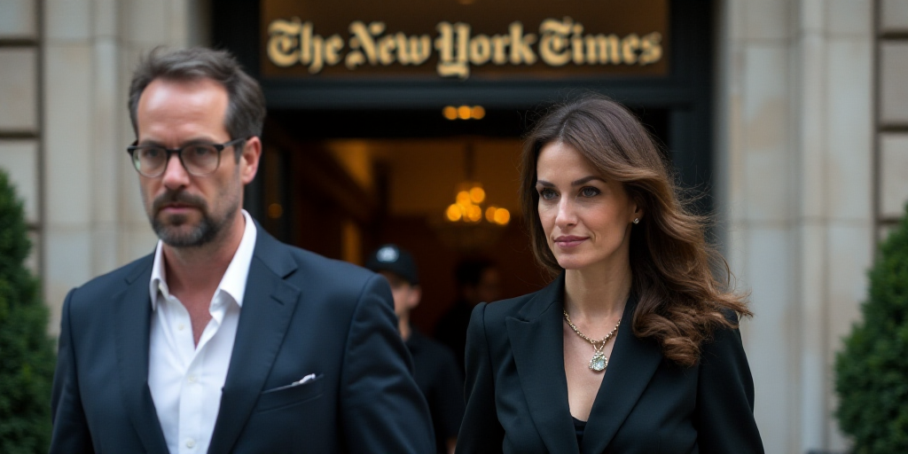 a man and a woman walking out of a building with a sign on it that says the new york times, David Ga