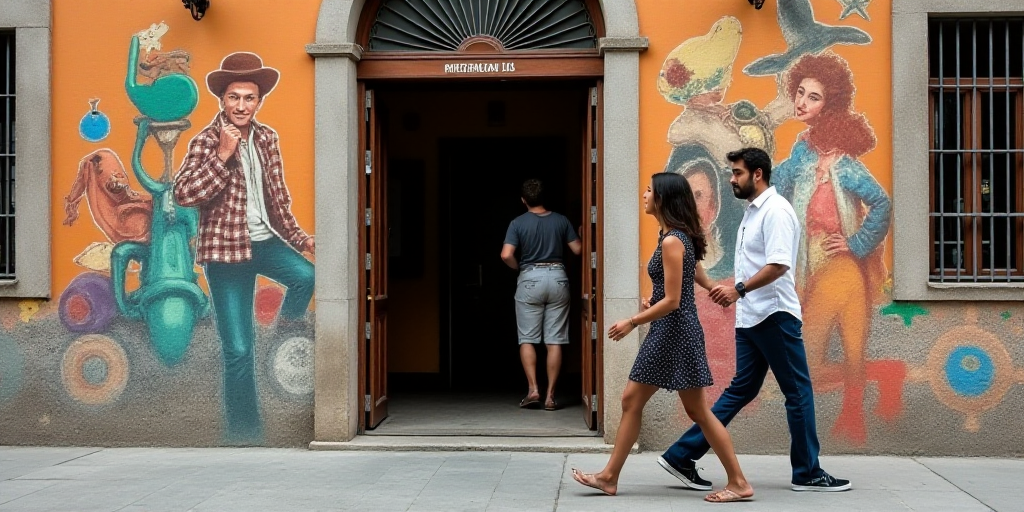 a man and a woman walking out of a building with a sign that says ruben gobiermo, Ceferí Olivé, ig