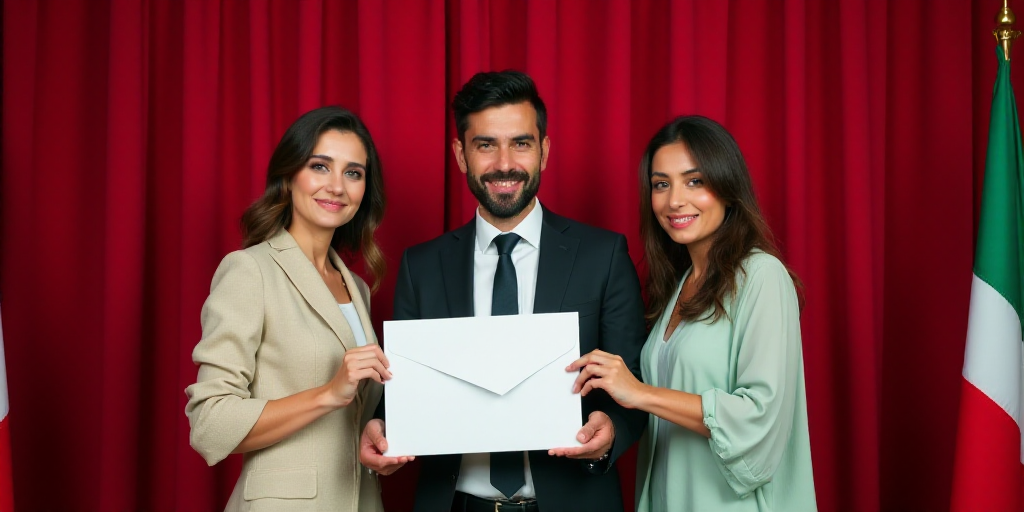 a man and two women holding a white envelope in front of a red curtain with a green and white flag,