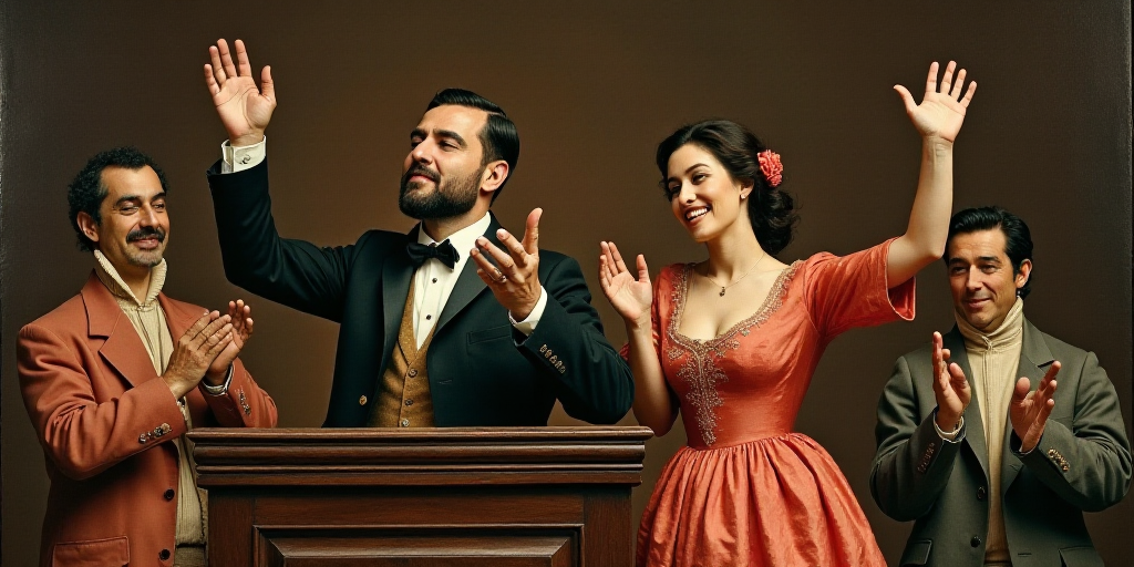 a man and woman are clapping at a podium with their hands up in the air and two other people are sta