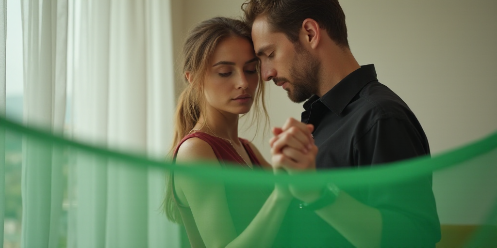a man and woman are dancing together in a room with a green object in the foreground and a white cur