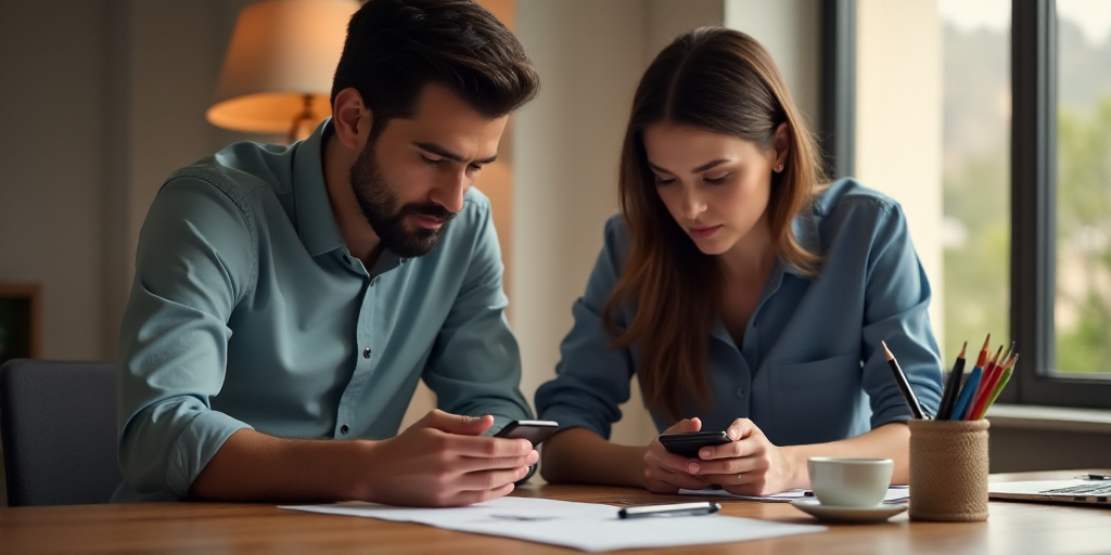 a man and woman are looking at their cell phones together at a desk with a cup of pens and a cup of
