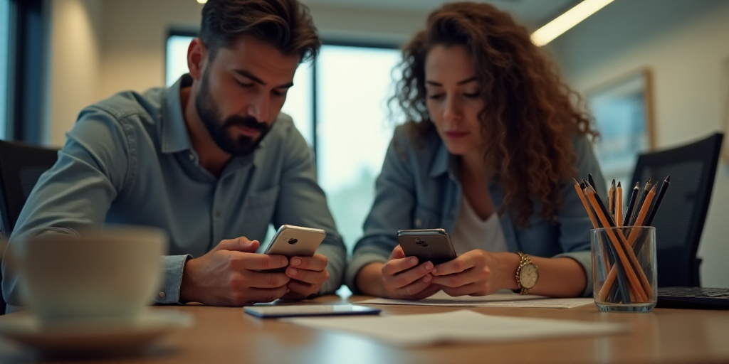 a man and woman are looking at their cell phones together at a desk with a cup of pens and a cup of