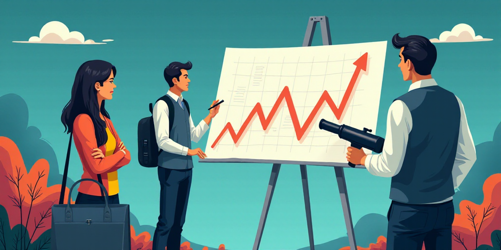 a man and woman are looking at a graph with a telescope in hand and a woman is looking at a bag, And