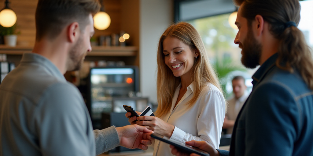 a man and woman are paying with a credit card and a phone in their hands while another man looks on,