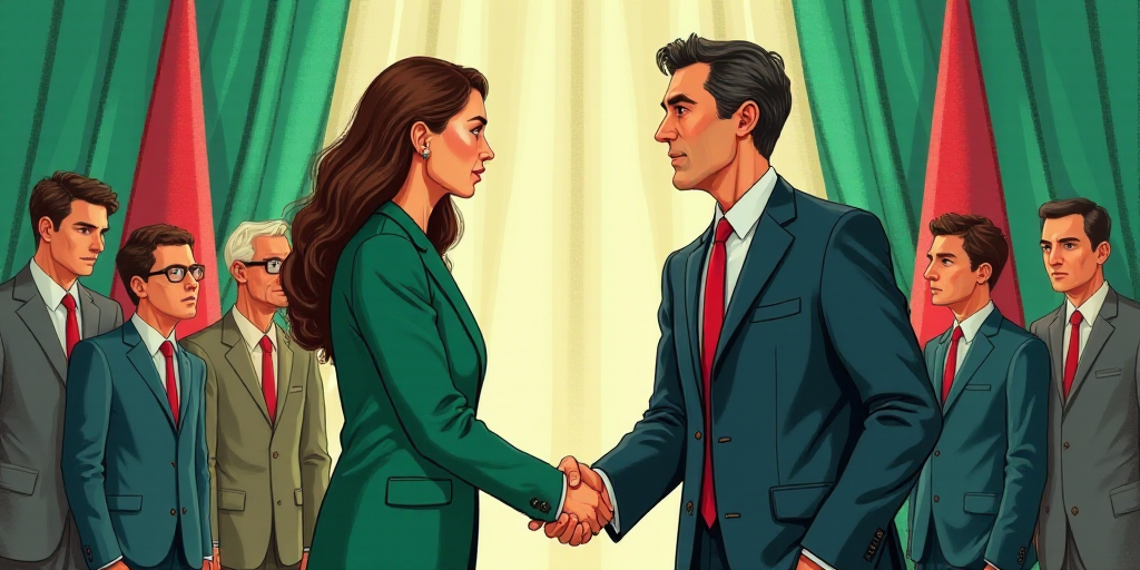 a man and woman are shaking hands with other people in suits and ties behind them are a flag and a g