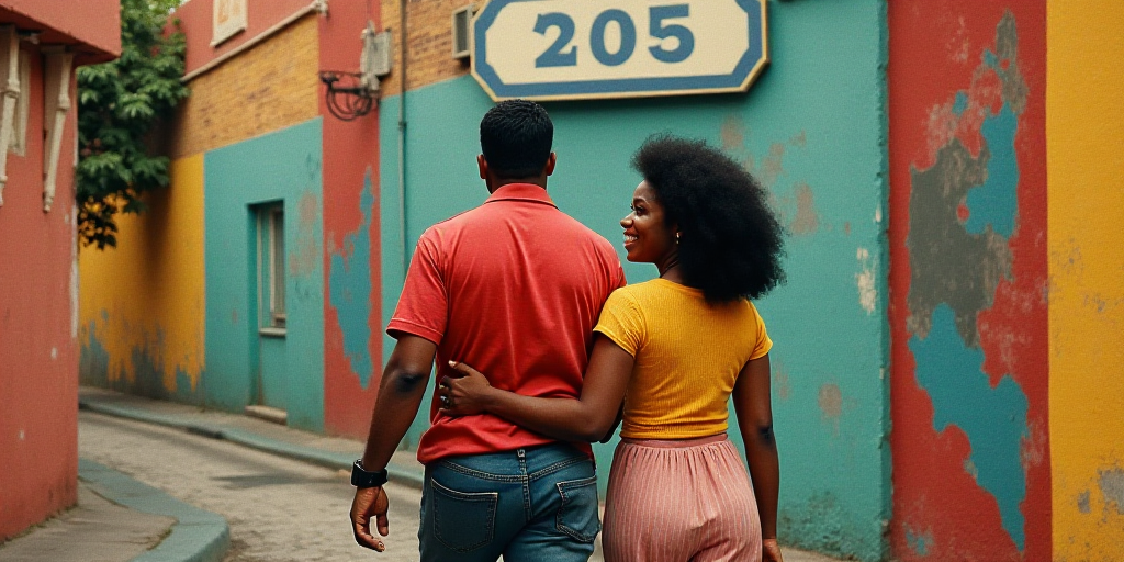 a man and woman are walking together in front of a sign that says 205 and a woman is smiling, Diego