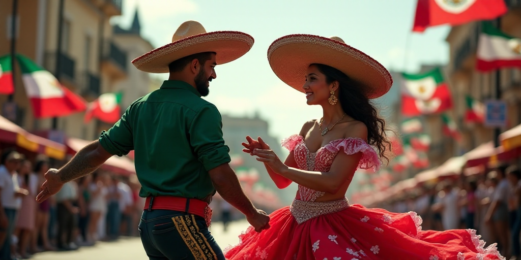 a man and woman dressed in mexican attire and hats, dancing in a parade with flags in the background