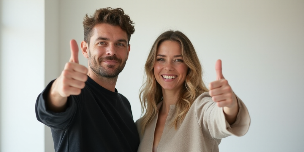 a man and woman giving thumbs up in a room with a white wall and a white wall behind them, Ada Glady