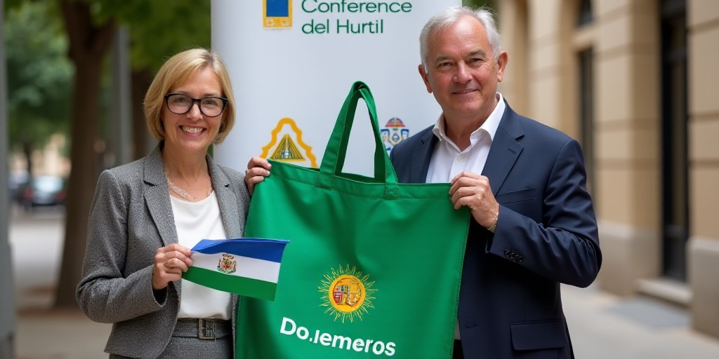 a man and woman holding a green bag and a flag in front of a sign that says conference del puert, An