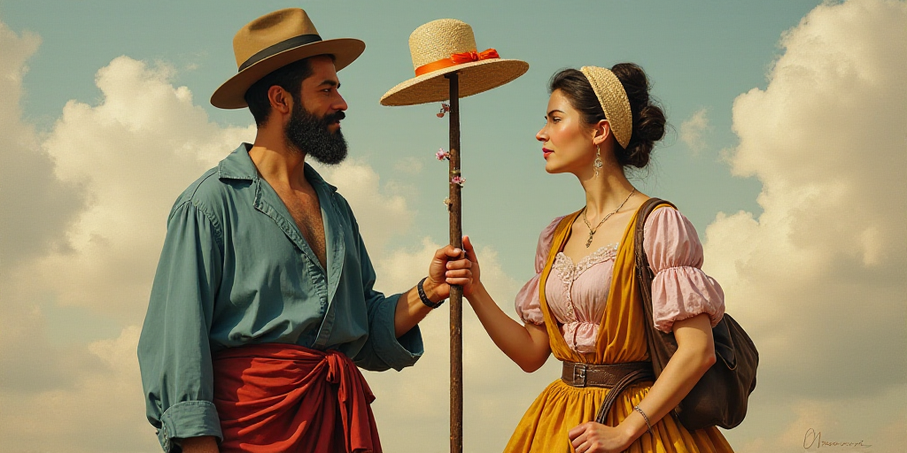 a man and woman holding a pole with a hat on it and a woman holding a cane in her hand, Ceferí Oliv