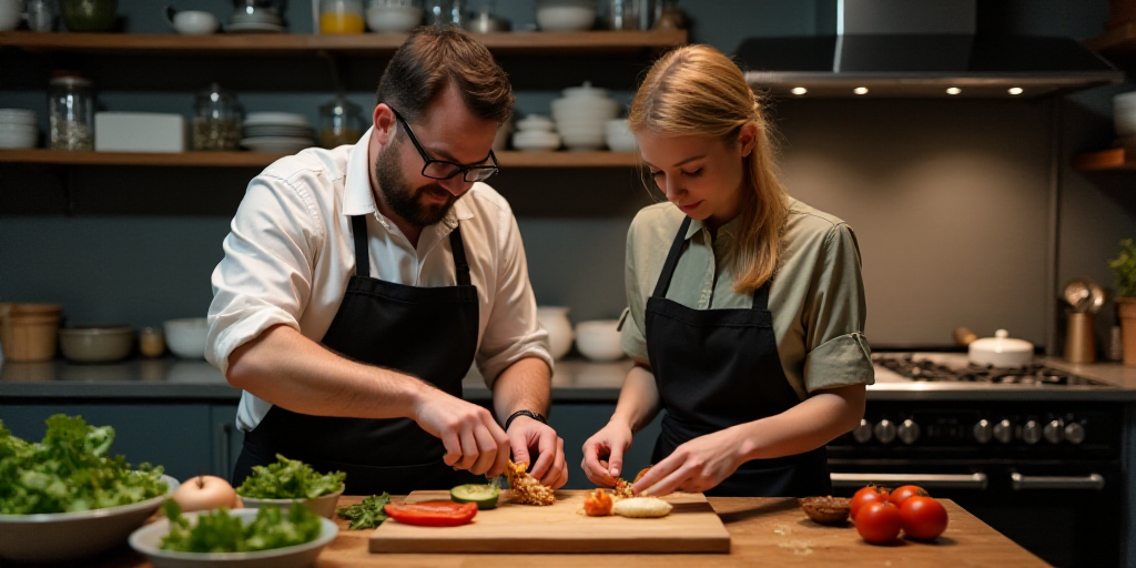 a man and woman preparing food in a kitchen together, with a stove and counter in the background,, B