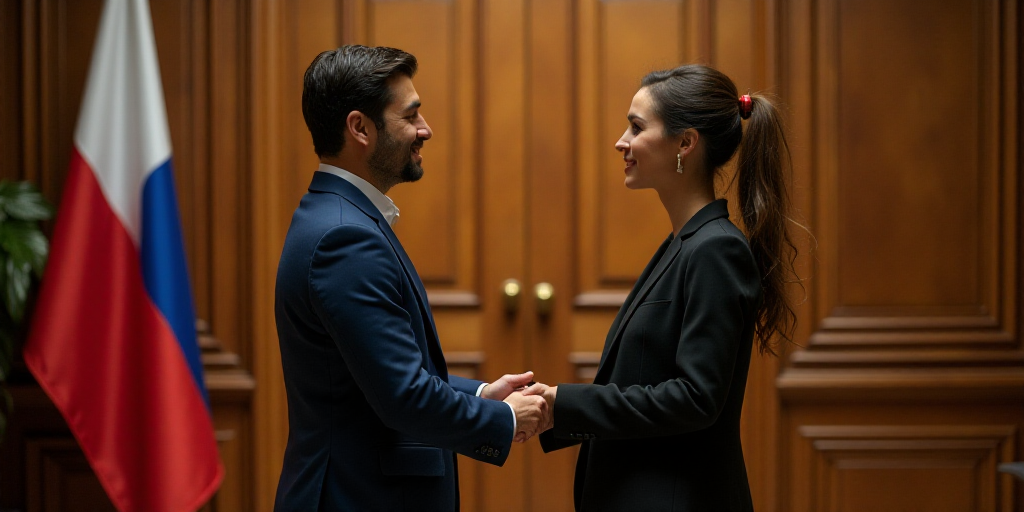 a man and woman shaking hands in front of a flag and a wooden paneled wall with a door, Araceli Gilb
