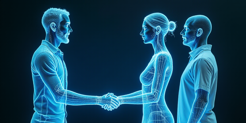 a man and woman shaking hands with a man in a blue shirt and a woman in a white shirt, Aníbal Villa