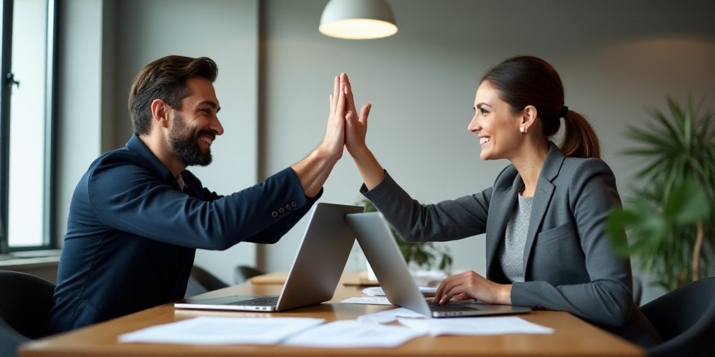 a man and woman sitting at a table with laptops and papers in front of them, high five, Avgust Čern