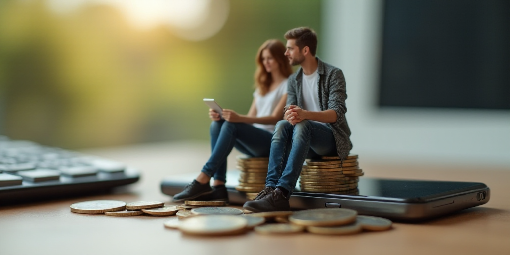 a man and woman sitting on top of a phone next to stacks of coins and a calculator, Ceferí Olivé,