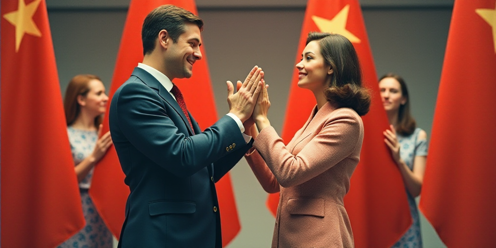a man and woman standing in front of flags clapping hands together with a woman standing behind them