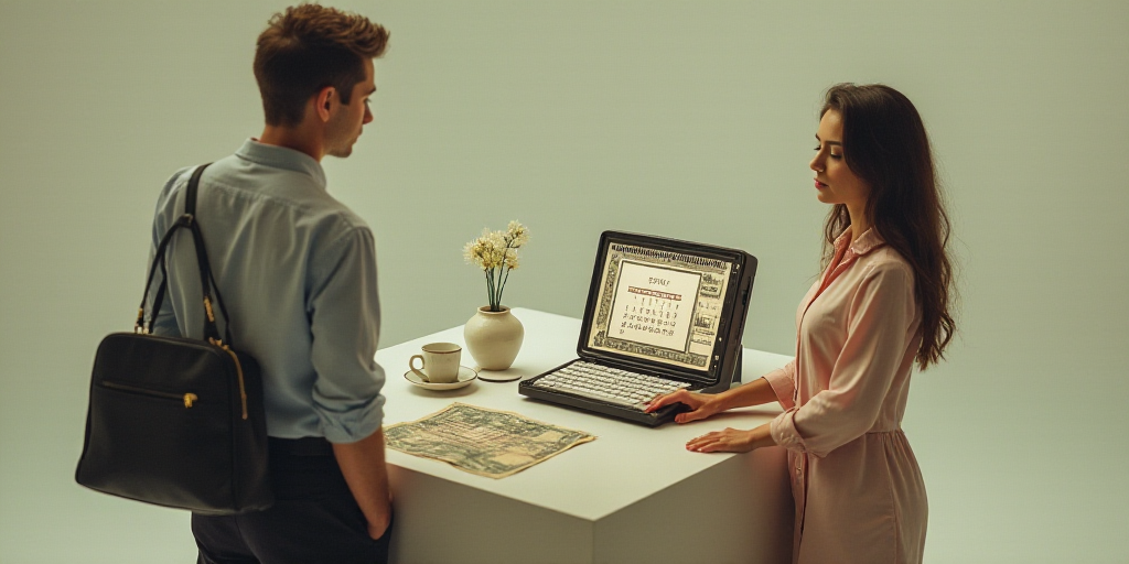 a man and woman standing next to a phone with a calendar and money in it and a woman holding a purse
